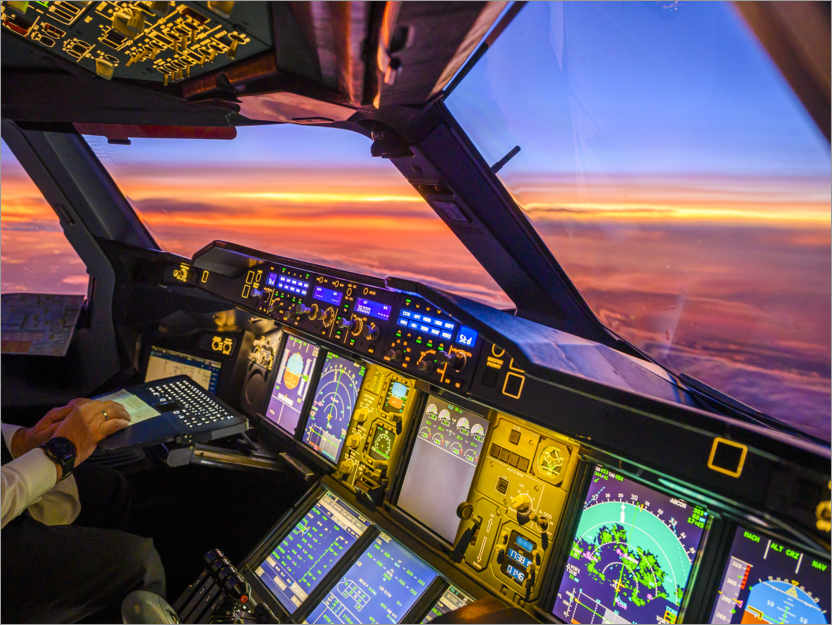 Poster A380 cockpit at dusk