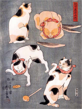 Acrylic print  Four cats adopting different feline postures - Utagawa Kuniyoshi