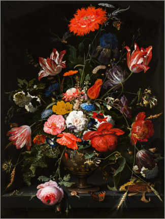 Poster  Flowers in a metal vase - Abraham Mignon