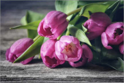 Wood print  Pink tulip bouquet - Claudia Moeckel