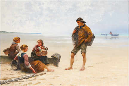 Poster Oyster pickers on the beach in Brittany