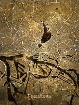 Wood print  Hamburg city map gold - Bekim Mehovic
