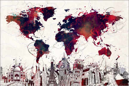 Aluminium print  World map skyline red - Bekim Mehovic
