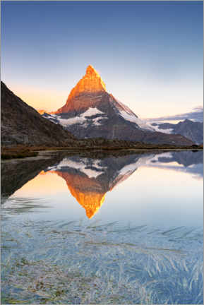 Canvas print  Matterhorn at sunrise from Riffelsee lake, Zermatt, Switzerland - Roberto Sysa Moiola