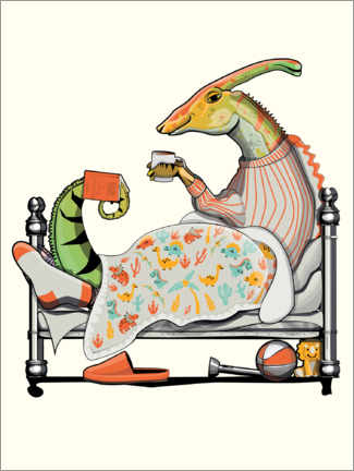 Poster Parasaurolophus in bed with hot chocolate