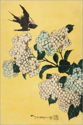 Canvas print  Hydrangea and Swallow, untitled series of large flowers, ca. 1833 - Katsushika Hokusai