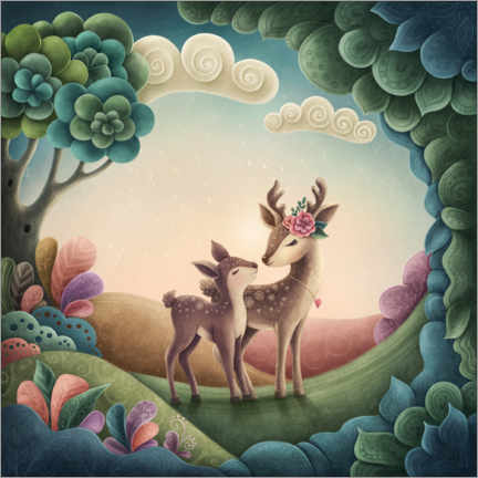 Wood print  Mother and baby deer - Elena Schweitzer