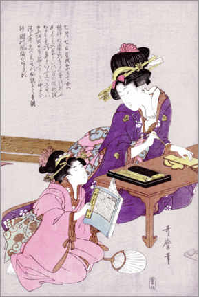 Poster  Woman is sitting at the desk and a girl is watching her - Kitagawa Utamaro