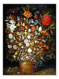 Poster Large bouquet of flowers in a wooden tub
