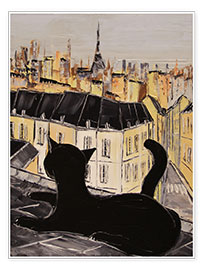 Poster Black cat on the roofs of Paris