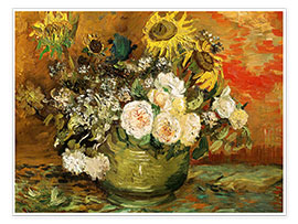 Poster  Roses and sunflowers - Vincent van Gogh
