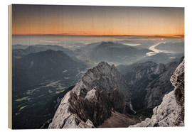 Wood print  Sunrise from Zugspitze mountain with view across the alps - Andreas Wonisch