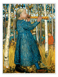 Poster Flute blowing girl in birch forest