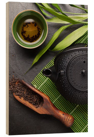 Wood print  Asian tea cup and teapot