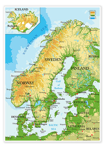 Poster Scandinavia, Topographic Map