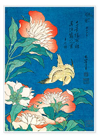 Poster  Flowers and a bird - Katsushika Hokusai